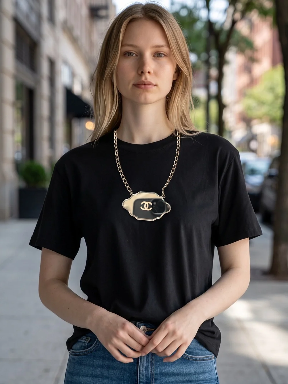 AUTHENTIC CHANEL CC Mirror Pendant Silver Necklace